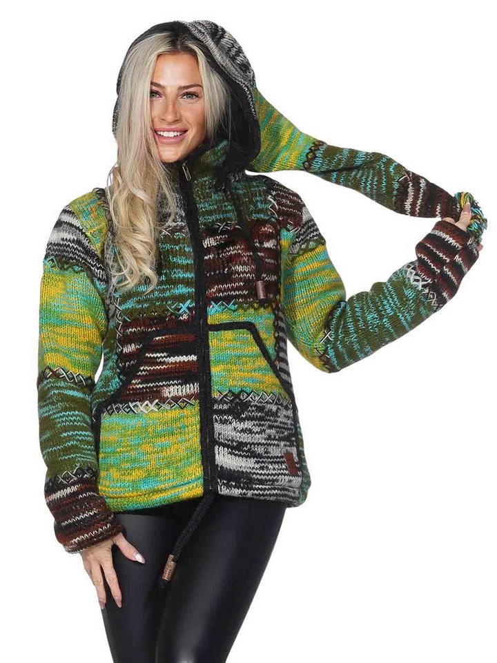 KUNST UND MAGIE Strickjacke Damen Strickjacke Wolle Bunte Patchwork Jacke Zipfelkapuze Hochkragen von KUNST UND MAGIE