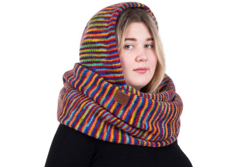 KUNST UND MAGIE Strickmütze Kapuzenschal Loop Schalmütze Poncho Regenbogenfarben Wolle gestrickt von KUNST UND MAGIE