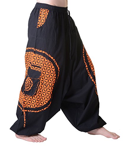 KUNST UND MAGIE Trendige Haremshose Bunte Muster Goa Hippie Hose, Größe:S/M, Farbe:Schwarz/Orange von KUNST UND MAGIE