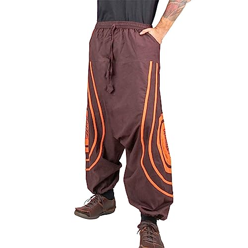 KUNST UND MAGIE Unisex PSY Baggy Pants Hippie Hose Goa Baumwoll Haremshose Lebensblume Flower of Life, Größe:S/M, Farbe:Braun/Orange von KUNST UND MAGIE