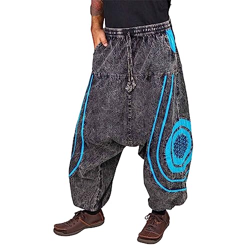 KUNST UND MAGIE Unisex PSY Baggy Pants Hippie Hose Goa Baumwoll Haremshose Stonewashed Blume des Lebens, Größe:S/M, Farbe:Schwarz/Blau von KUNST UND MAGIE