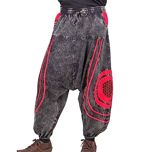 KUNST UND MAGIE Unisex PSY Baggy Pants Hippie Hose Goa Baumwoll Haremshose Stonewashed Blume des Lebens, Größe:S/M, Farbe:Schwarz/Rot von KUNST UND MAGIE