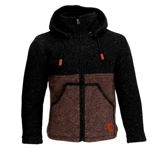 KUNST UND MAGIE Unisex Strickjacke Goa Wolle Bunte Patchwork Jacke Fleecefutter Hochkragen abnehmbarer Kapuze, Größe:XL von KUNST UND MAGIE