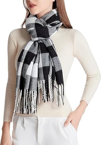 Schal Damen Winter Halstuch Schals Schlauchschal Tuch Kuschelig Damenschal Winterschal Flauschig Scarf Women Stola Warm Geschenke Halstücher Strickschal Kariert Frauen Mode Langer Schwarz Weiß von KUOL-KIDS
