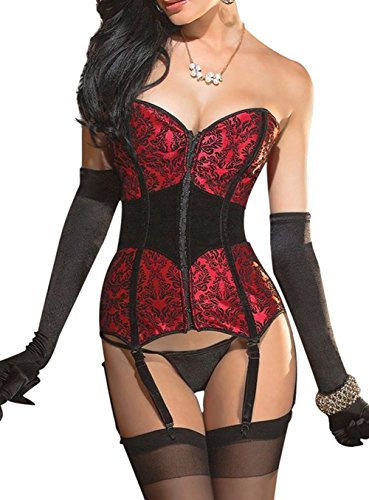 KUOSE Damen Burleske Body Shaper Mieder Vollbrust Corsage Top mit Strapshalter, schwarz/rot,L von KUOSE