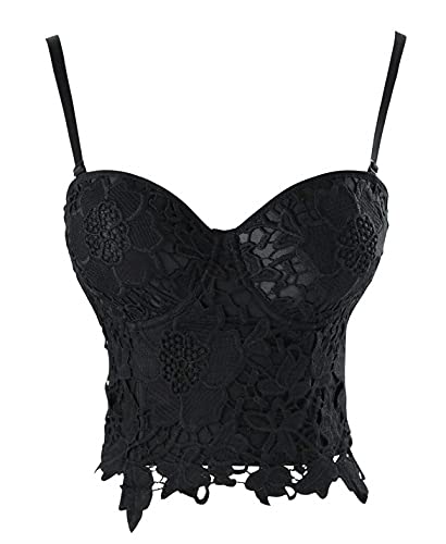 KUOSE Damen Punk Blumenspitze Bustier Korsett Party Bralet Crop Top Schwarz (Schwarz, 32-34) von KUOSE