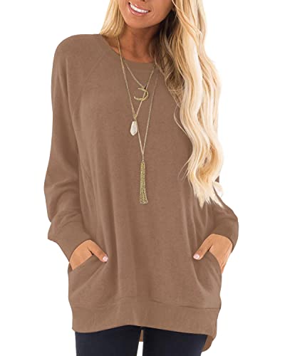 KUOTAI Damen 2023 Herbst Langarm T-Shirts Casual Tunika Tops für Leggings Lose Weiche Blusen mit Tasche, Braun, 3X-Groß von KUOTAI