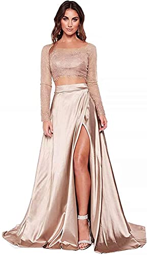 2-teiliges Ballkleid mit hohem Schlitz, Spitze, lange Ärmel, formelle Abendkleider mit Taschen für Junioren, champagnerfarben, 40 von KURFACE