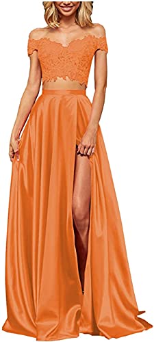 Damen 2 Stück Ballkleid Schlitz Schulterfrei Spitze Satin Lang Formell Abend Ball Party Kleid, Orange, 34 von KURFACE