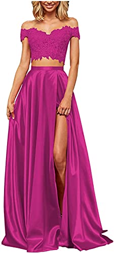 Damen 2 Stück Ballkleid Schlitz Schulterfrei Spitze Satin Lang Formell Abend Ball Party Kleid, fuchsia, 34 von KURFACE