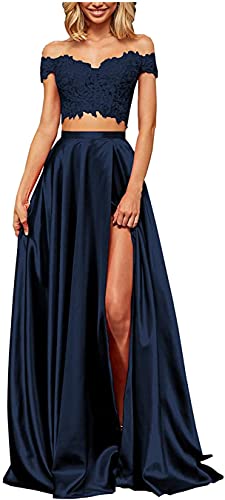 Damen 2 Stück Ballkleid Schlitz Schulterfrei Spitze Satin Lang Formell Abend Ball Party Kleid, navy, 44 von KURFACE