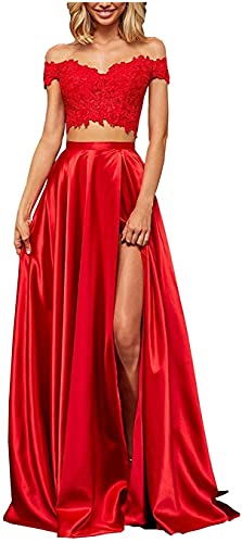Damen 2 Stück Ballkleid Schlitz Schulterfrei Spitze Satin Lang Formell Abend Ball Party Kleid, rot, 36 von KURFACE