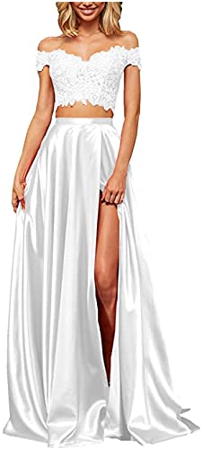 Damen 2 Stück Ballkleid Schlitz Schulterfrei Spitze Satin Lang Formell Abend Ball Party Kleid, weiß, 44 von KURFACE