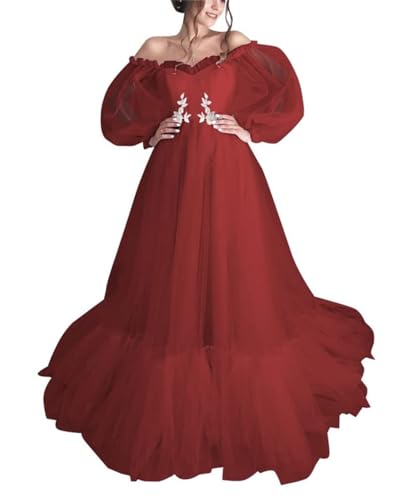 Damen Vintage Schulterfrei Puffärmel Tüll Prinzessin Prom Quinceanera Kleid Court Train WSX485, weinrot, 52 Plus von KURFACE