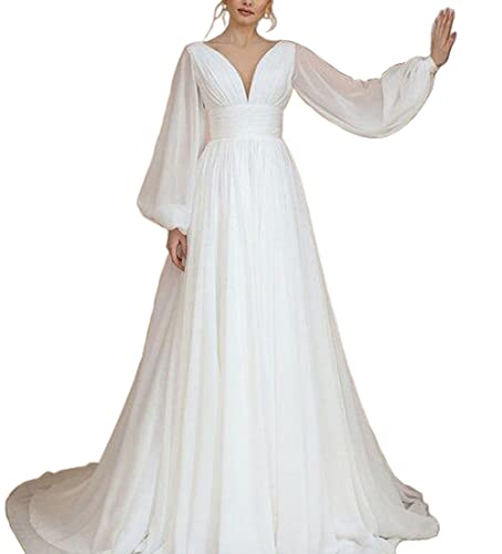 KURFACE Abschlussballkleider A Linie V Ausschnitt Puffy Langarm Outdoor Geburtstag Abend Party Kleider für Frauen, weiß, 42 von KURFACE