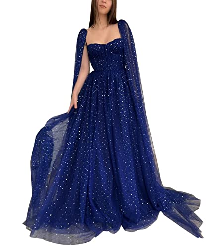 KURFACE Ballkleid Cape Ärmel Party Formal Kleider Glitzernd Sternen Plissee Abschlussballkleider mit Taschen Langes Abendkleid im Schlitz für Damen, marineblau, 36 von KURFACE