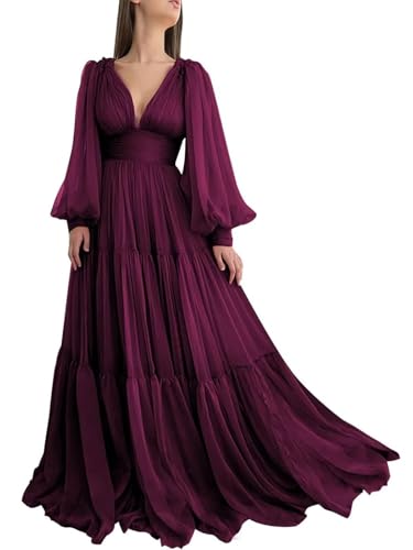 KURFACE Ballkleid mit Puffärmeln für Teenager, V-Ausschnitt, elegantes Abendkleid, langes formelles Abendkleid, pflaume, 52/Groß von KURFACE
