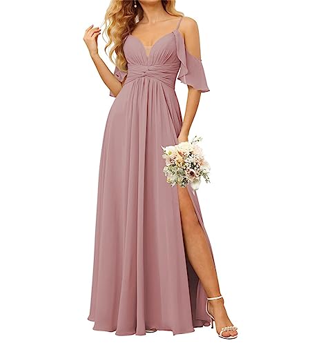 KURFACE Brautjungfernkleid für Damen, schulterfrei, A-Linie, geteilte gerüschte Ärmel, Hochzeit, formelle Partykleid mit Taschen, Dusty Mauve, 48 Plus von KURFACE