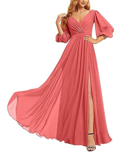 KURFACE Brautjungfernkleid mit zurückhaltendem V-Ausschnitt Lang Abendkleid Partykleid für Damen Junioren, Koralle, 42 von KURFACE