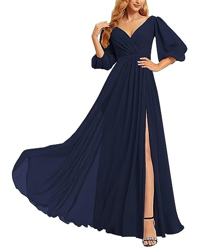 KURFACE Brautjungfernkleid mit zurückhaltendem V-Ausschnitt Lang Abendkleid Partykleid für Damen Junioren, Marineblau, 48 Große Größen von KURFACE