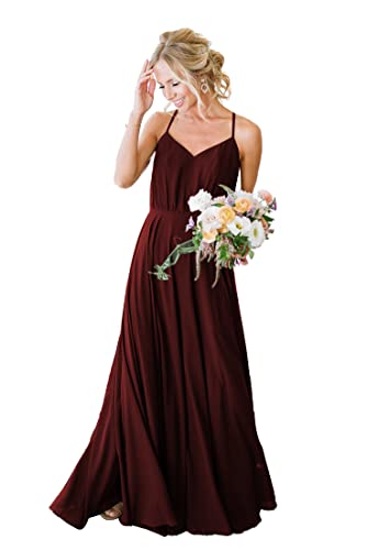 KURFACE Brautjungfernkleider Chiffon Schulterfrei Plissee V Ausschnitt Lange Trauzeugin Kleider mit Taschen Rückenfrei für Damen, burgunderfarben, 38 von KURFACE
