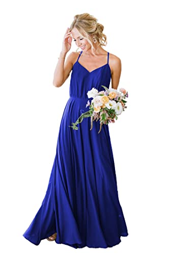 KURFACE Brautjungfernkleider Chiffon Schulterfrei Plissee V Ausschnitt Lange Trauzeugin Kleider mit Taschen Rückenfrei für Damen, königsblau, 36 von KURFACE