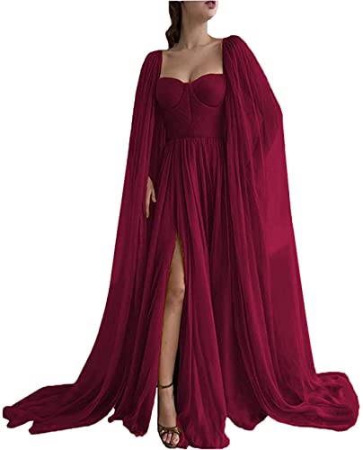KURFACE Chiffon Ballkleid Umhang Ärmel Party formelle Kleider in Schlitz Plissee Ballkleider mit Taschen Langes Abendkleid für Damen, burgunderfarben, 46 von KURFACE