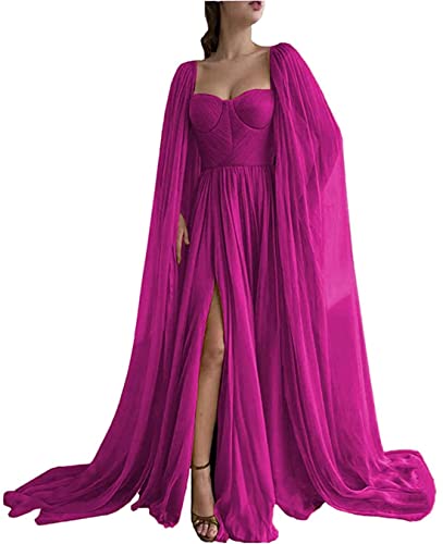 KURFACE Chiffon Ballkleid Umhang Ärmel Party formelle Kleider in Schlitz Plissee Ballkleider mit Taschen Langes Abendkleid für Damen, fuchsia, 40 von KURFACE