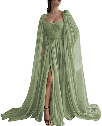 KURFACE Chiffon-Ballkleid, Umhangärmel, Party, formelle Kleider mit Schlitz, plissiert, Ballkleider mit Taschen, langes Abendkleid für Damen, graugrün, 48 von KURFACE