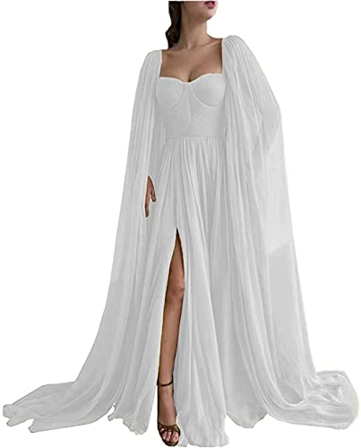 KURFACE Chiffon Ballkleid Umhang Ärmel Party formelle Kleider in Schlitz Plissee Ballkleider mit Taschen Langes Abendkleid für Damen, weiß, 44 von KURFACE