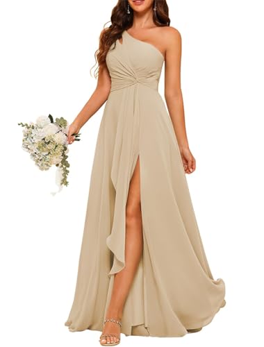 KURFACE Chiffon-Brautjungfernkleid mit einer Schulter, plissiert, lang, A-Linie, Ballkleid für Damen, WSX475, champagnerfarben, 32 von KURFACE