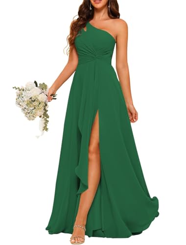 KURFACE Chiffon-Brautjungfernkleid mit einer Schulter, plissiert, lang, A-Linie, Ballkleid für Damen, WSX475, smaragdgrün, 34 von KURFACE