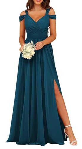 KURFACE Damen Brautjungfernkleid mit Schlitz, plissiert, Chiffon, Hochzeitskleid, formelles Kleid, blaugrün, 48 von KURFACE