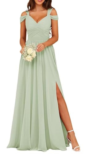 KURFACE Damen Brautjungfernkleid mit Schlitz, plissiert, Chiffon, Hochzeitskleid, formelles Kleid, salbeigrün, 34 von KURFACE