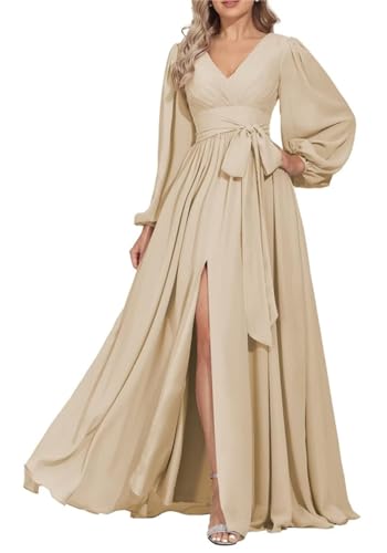 KURFACE Damen Brautjungfernkleider Langarm V-Ausschnitt Plissee A-Linie formelles Abendkleid mit Schlitz WSX507, champagnerfarben, 32 von KURFACE