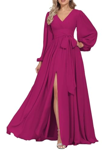 KURFACE Damen Brautjungfernkleider Langarm V-Ausschnitt Plissee A-Linie formelles Abendkleid mit Schlitz WSX507, fuchsia, 36 von KURFACE