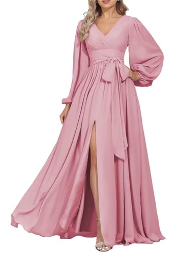 KURFACE Damen Brautjungfernkleider Langarm V-Ausschnitt Plissee A-Linie formelles Abendkleid mit Schlitz WSX507, rose pink, 48 Plus von KURFACE