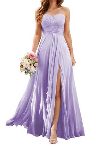 KURFACE Damen Chiffon Brautjungfernkleider mit Schlitz Plissee A-Linie trägerloses Abendkleid formelles Kleid, Flieder, 38 von KURFACE