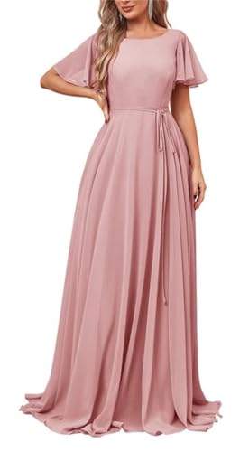 KURFACE Damen Chiffon Lange Brautjungfernkleider mit Ärmeln A Linie U-Ausschnitt Formelles Abendkleid, Dusty Rose, 38 von KURFACE