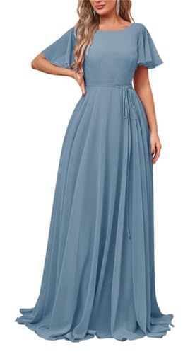 KURFACE Damen Chiffon Lange Brautjungfernkleider mit Ärmeln A Linie U-Ausschnitt Formelles Abendkleid, dusty blue, 58 Plus von KURFACE