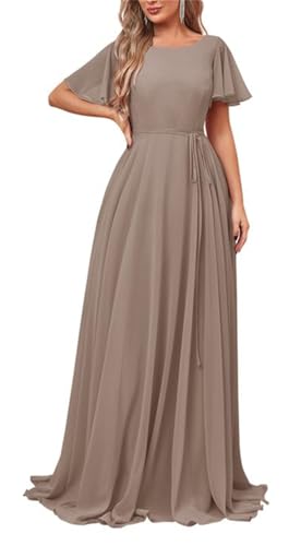 KURFACE Damen Chiffon Lange Brautjungfernkleider mit Ärmeln A Linie U-Ausschnitt Formelles Abendkleid, taupe, 44 von KURFACE