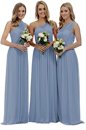 KURFACE Damen Einschulter Brautjungfernkleid Ärmellos Lang Chiffon Formal Abend Party Kleid, dusty blue, 36 von KURFACE