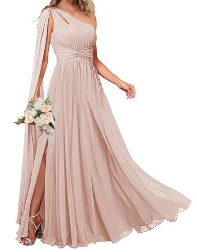 KURFACE Damen Einschultriges Brautjungfernkleid mit Umhang Seitenschlitz Chiffon Langes formelles Hochzeitskleid, Blush Pink, 42 von KURFACE