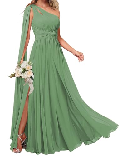KURFACE Damen Einschultriges Brautjungfernkleid mit Umhang Seitenschlitz Chiffon Langes formelles Hochzeitskleid, Dusty Sage, 40 von KURFACE