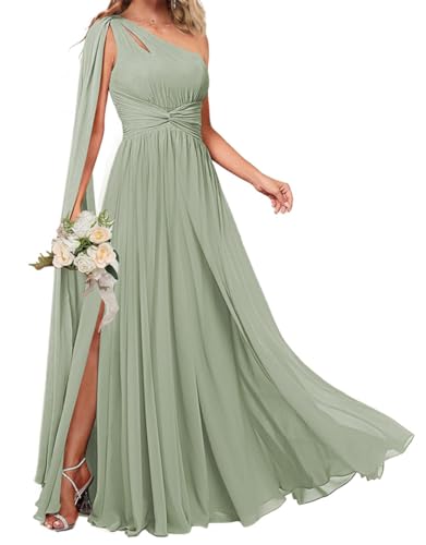 KURFACE Damen Einschultriges Brautjungfernkleid mit Umhang Seitenschlitz Chiffon Langes formelles Hochzeitskleid, salbeigrün, 38 von KURFACE