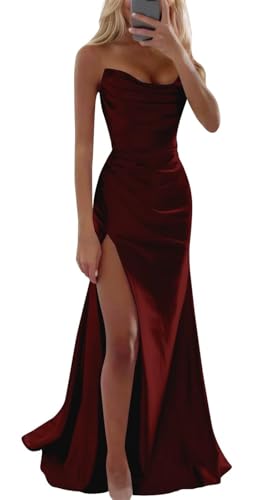 KURFACE Damen Satin Ballkleider mit Schlitz Plissee Meerjungfrau formelle Partykleid Korsett Abendkleid, burgunderfarben, 32 von KURFACE