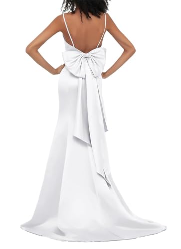 KURFACE Damen Satin Meerjungfrau Ballkleider für Frauen mit Schleife Spaghettiträger formelle Abendparty Kleid, weiß, 38 von KURFACE