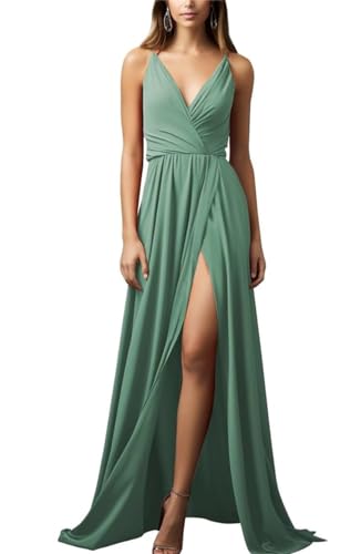 KURFACE Damen Spaghettiträger Country Hochzeit Brautjungfernkleider Lang Chiffon Abend Maxikleid WSX450, Eukalyptus, 40 von KURFACE