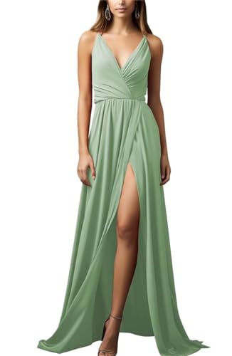 KURFACE Damen Spaghettiträger Country Hochzeit Brautjungfernkleider Lang Chiffon Abend Maxikleid WSX450, salbeigrün, 36 von KURFACE