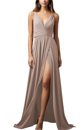 KURFACE Damen Spaghettiträger Country Hochzeit Brautjungfernkleider Lang Chiffon Abend Maxikleid WSX450, taupe, 36 von KURFACE